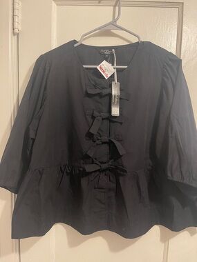 Velvet Hearts Black Bow-Tie Peplum Blouse (item 39)